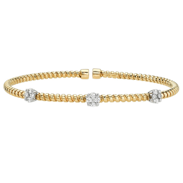 Gold Fluted Round Diamond Cuff Bangle