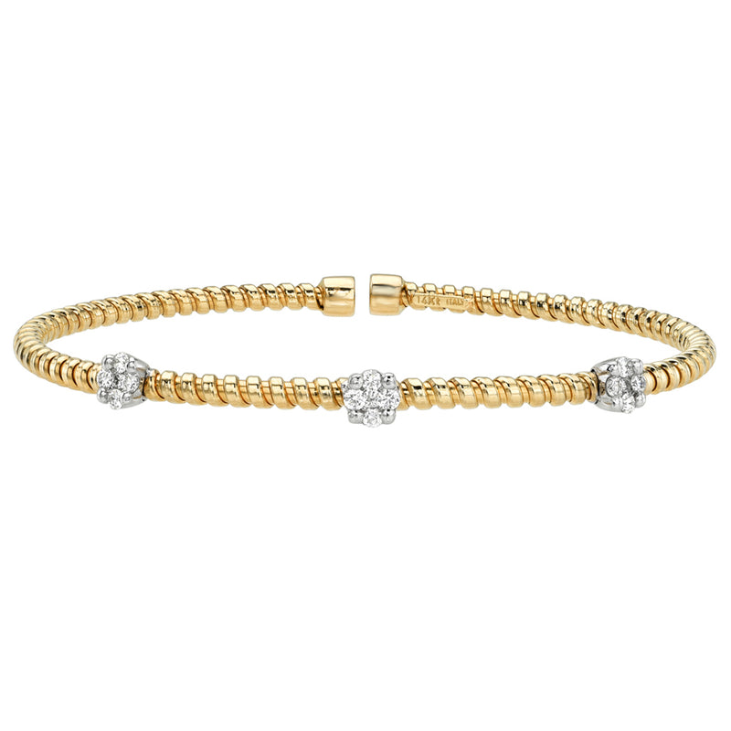 Gold Fluted Round Diamond Cuff Bangle