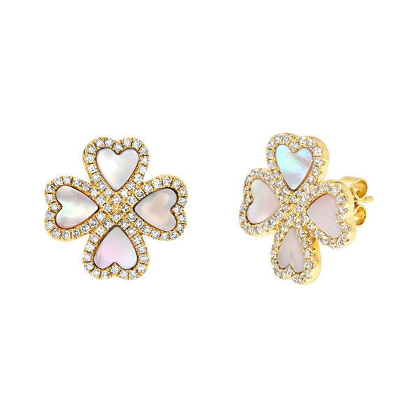 Diamond & Mother Of Pearl Flower Stud Earrings