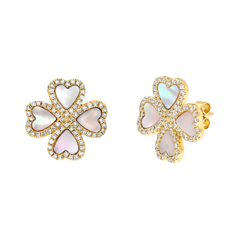 Diamond & Mother Of Pearl Flower Stud Earrings