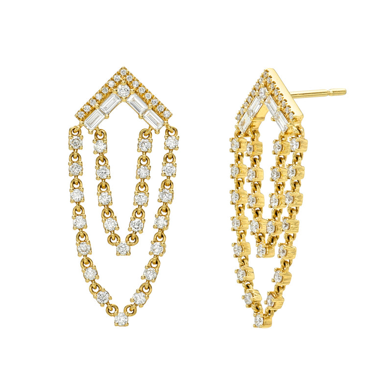 Round and Baguette Diamond Chandelier Earrings