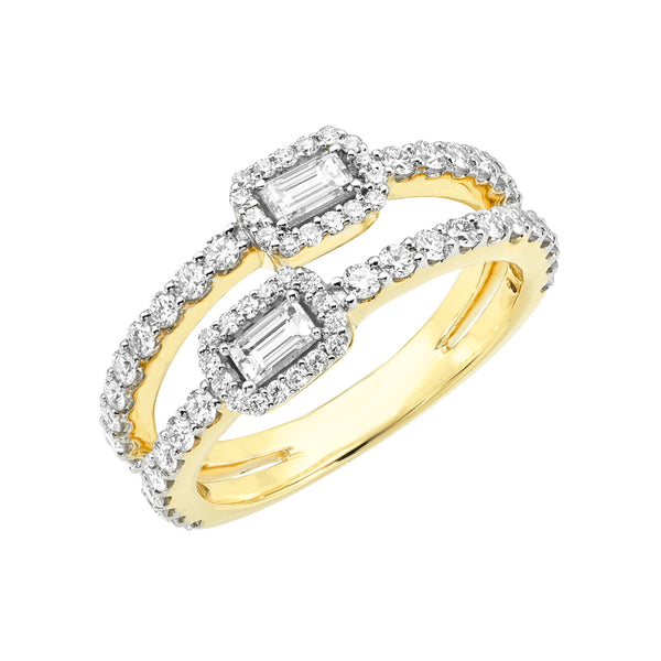 Diamond Halo Split Baguette Ring