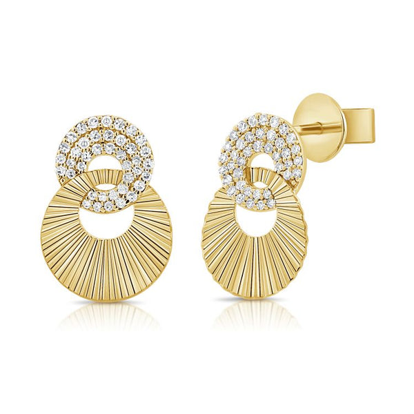 Double Gold And Diamond Fluted Disk Earrings