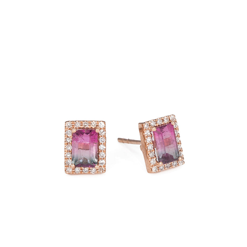 Rose Gold Watermelon Tourmaline Diamond Stud Earrings