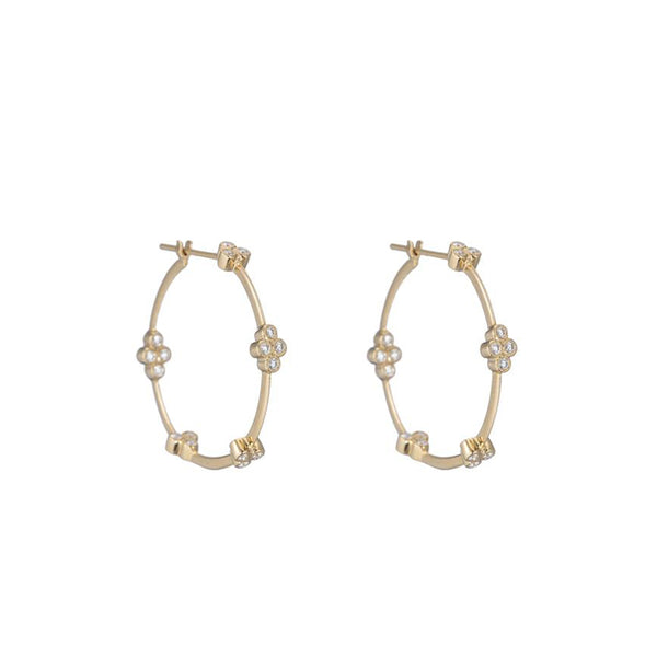 Yellow Gold Medium Flower Diamond Hoop Earrings