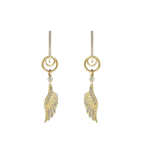 Yellow Gold Diamond Feather Drop Earrings