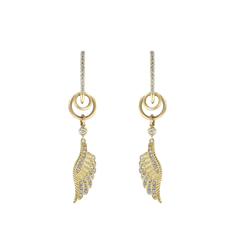 Yellow Gold Diamond Feather Drop Earrings