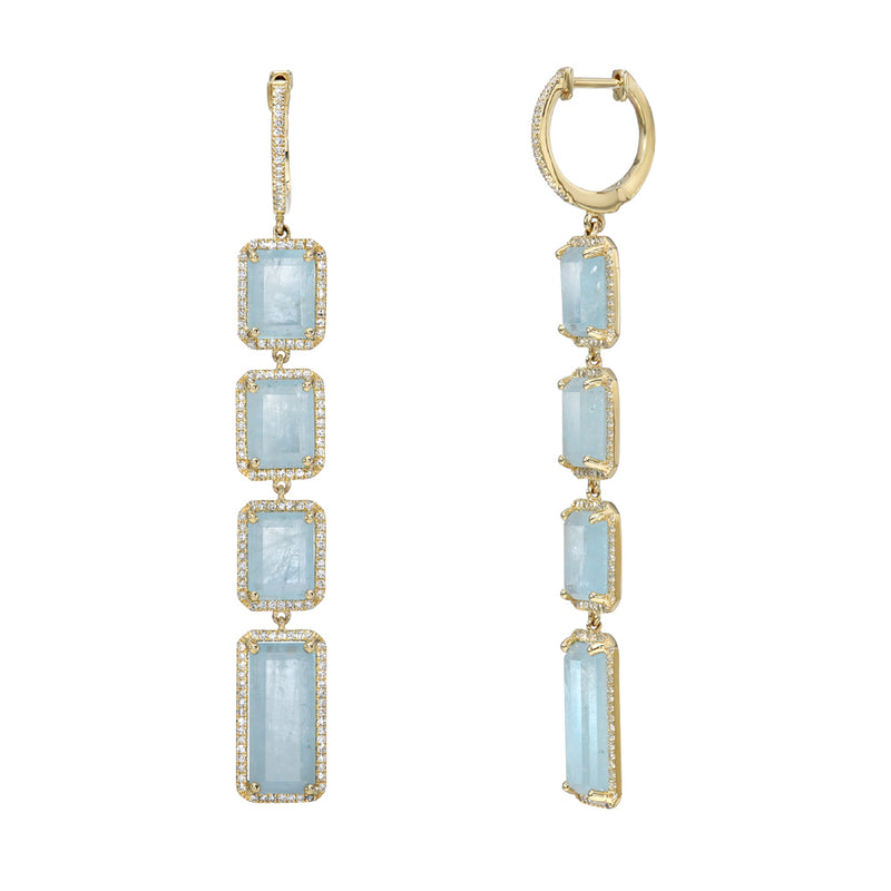 Yellow Gold Diamond And Aqua Statement Drop Earrings