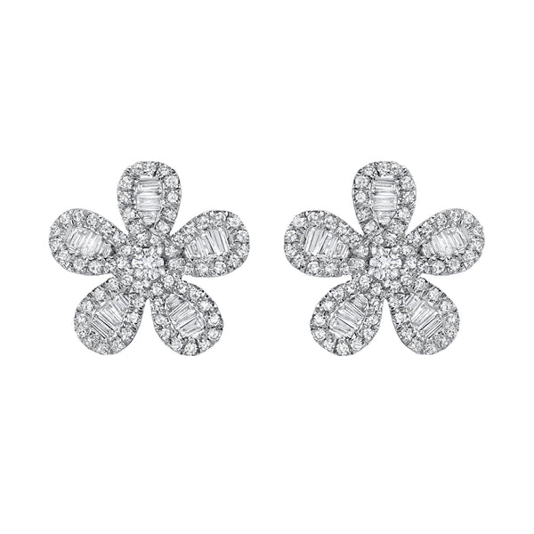 White Gold Diamond Baguette Flower Stud Earrings