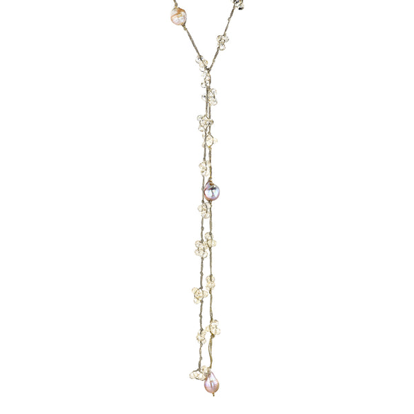 Gold Silk Pearl And Briolette Lariat Necklace